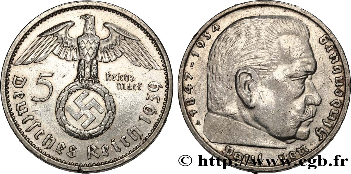 GERMANY 5 Reichsmark aigle / Maréchal Paul von Hindenburg 1939 Berlin XF 