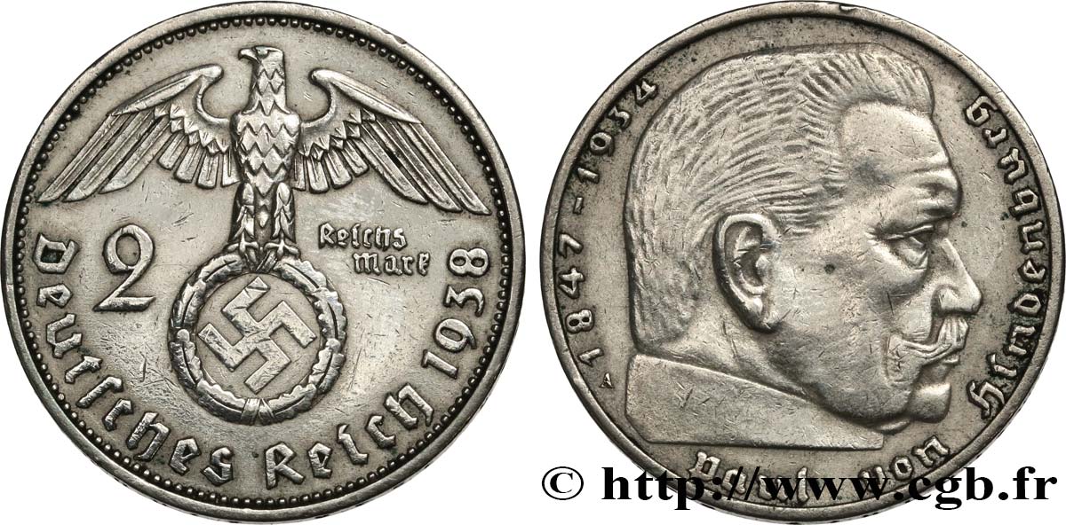 DEUTSCHLAND 2 Reichsmark Maréchal Paul von Hindenburg 1938 Berlin - A SS 