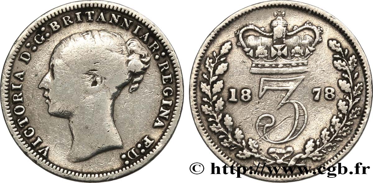 UNITED KINGDOM 3 Pence Victoria “Bun Head” 1878  VF 