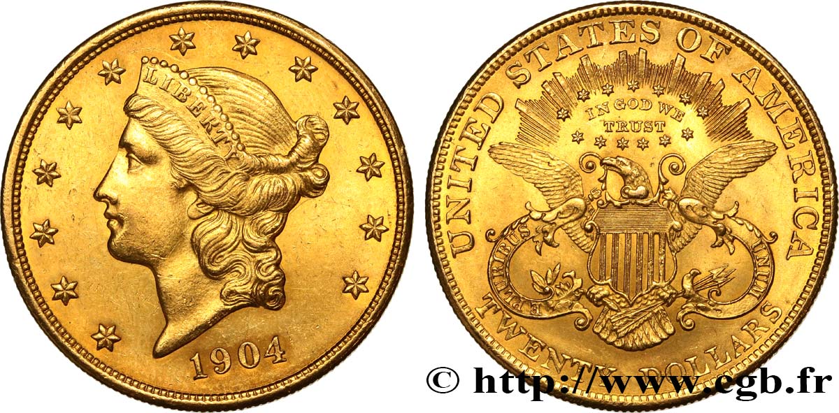 OR, PALLADIUM ET PLATINE INVESTISSEMENT 20 Dollars  Liberty  1904 Philadelphie SUP/SPL 