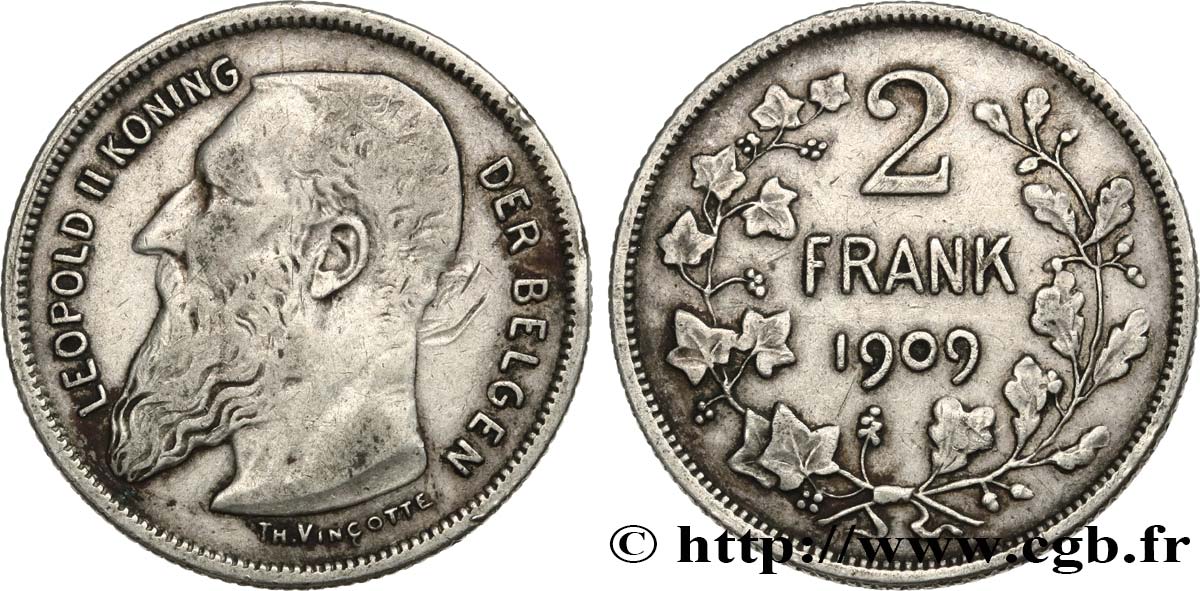 BELGIO 2 Frank (Francs) Léopold II légende flamande 1909  q.BB 