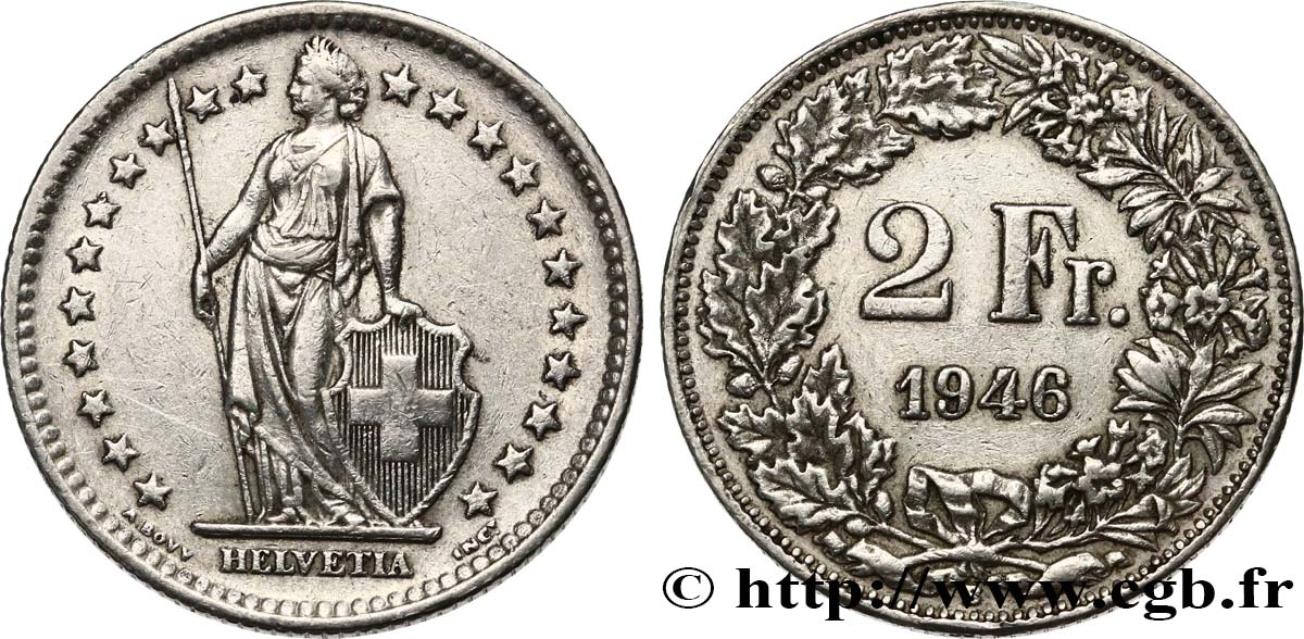 SWITZERLAND 2 Francs Helvetia 1946 Berne XF 
