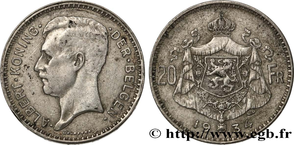 BÉLGICA 20 Franken (Francs) Albert Ier légende Flamande position A 1934  BC+ 