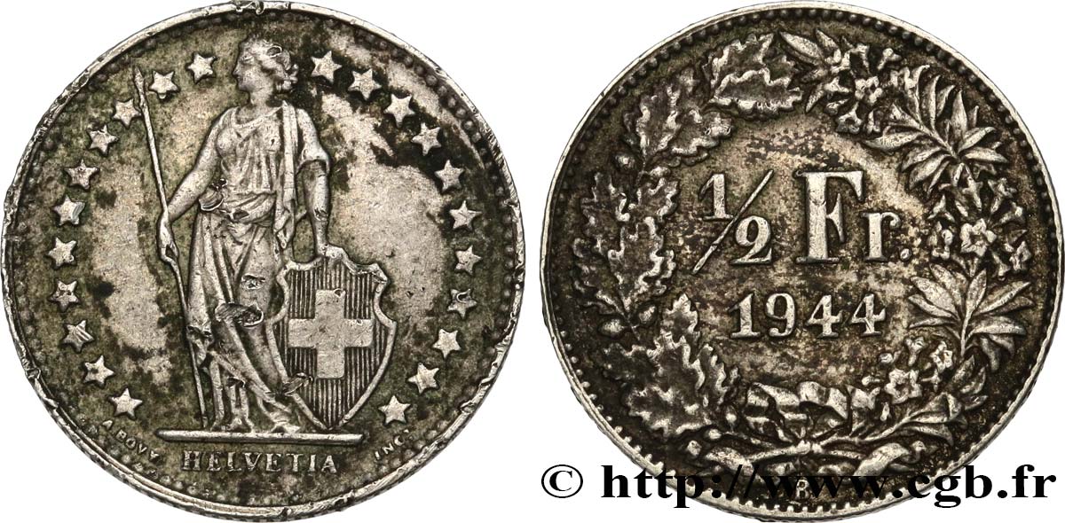 SWITZERLAND 1/2 Franc Helvetia 1944 Berne XF 