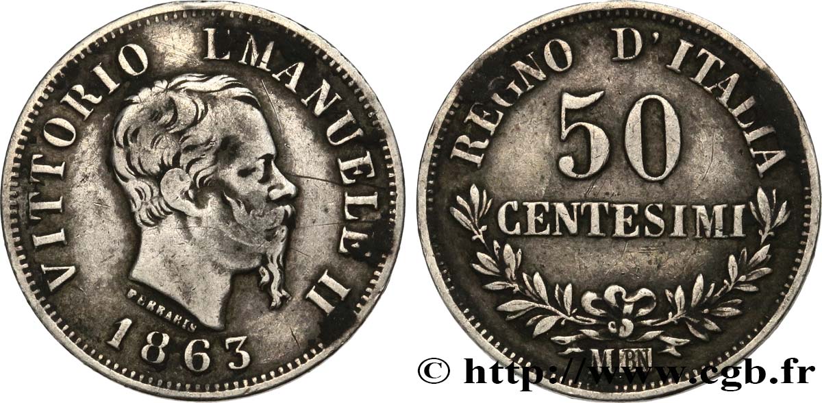 ITALIE 50 Centesimi Victor Emmanuel II 1863 Milan TB+ 