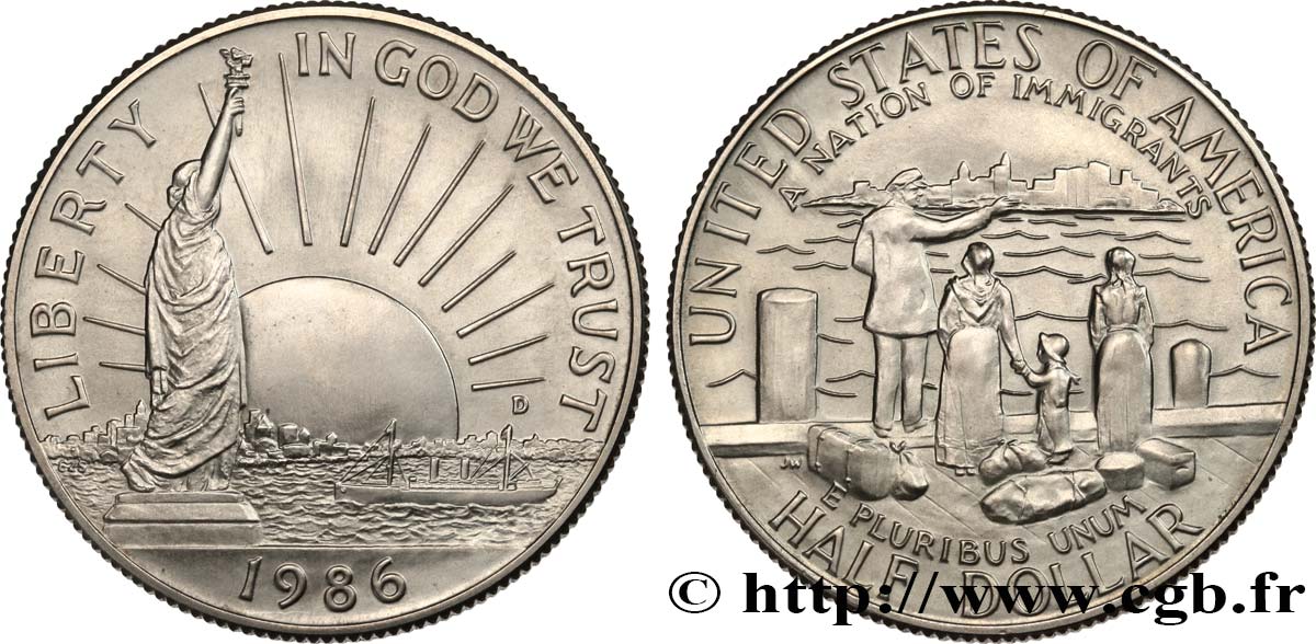 UNITED STATES OF AMERICA 1/2 Dollar Statue de la Liberté / immigrants 1986 Denver MS 