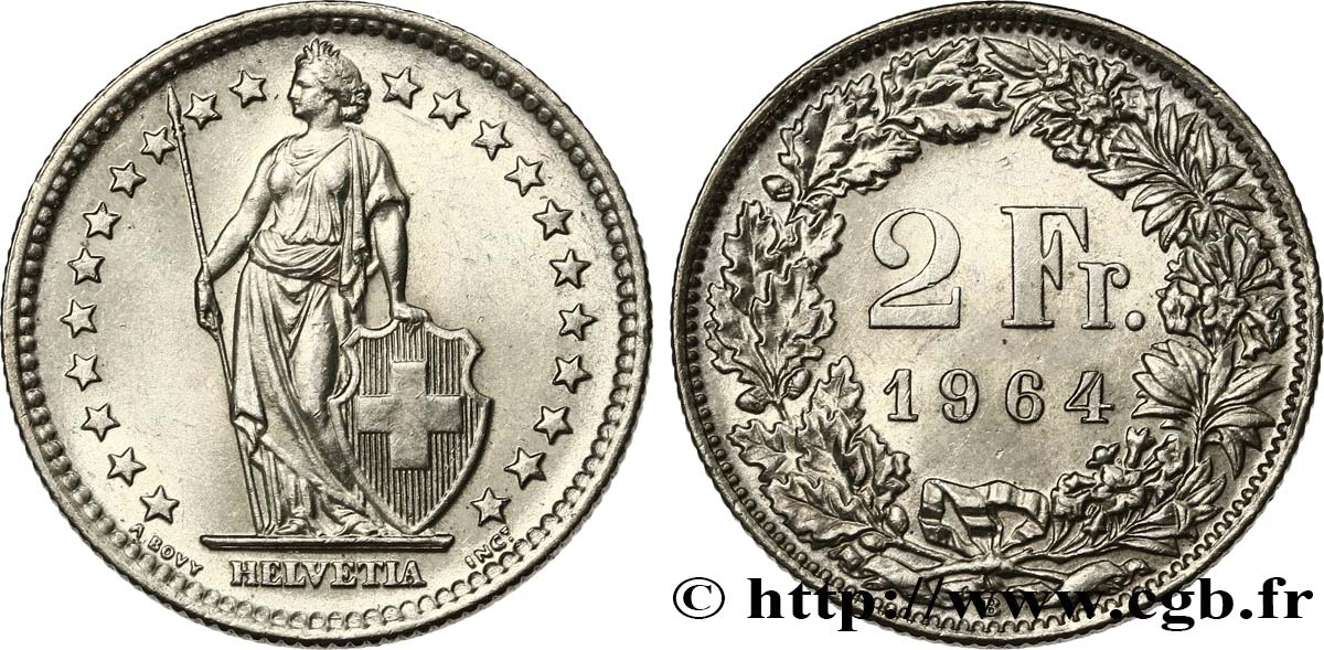 SCHWEIZ 2 Francs Helvetia 1964 Berne VZ 