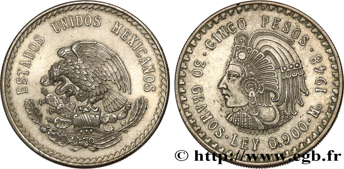 MEXICO 5 Pesos Buste de Cuauhtemoc 1948 Mexico AU 