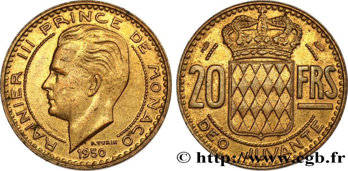 MONACO 20 Francs Rainier III / écu couronné 1950 Paris AU 