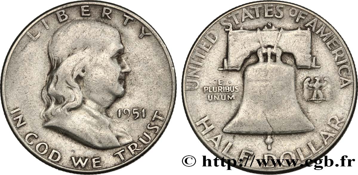 ÉTATS-UNIS D AMÉRIQUE 1/2 Dollar Benjamin Franklin 1951 San Francisco TB+ 