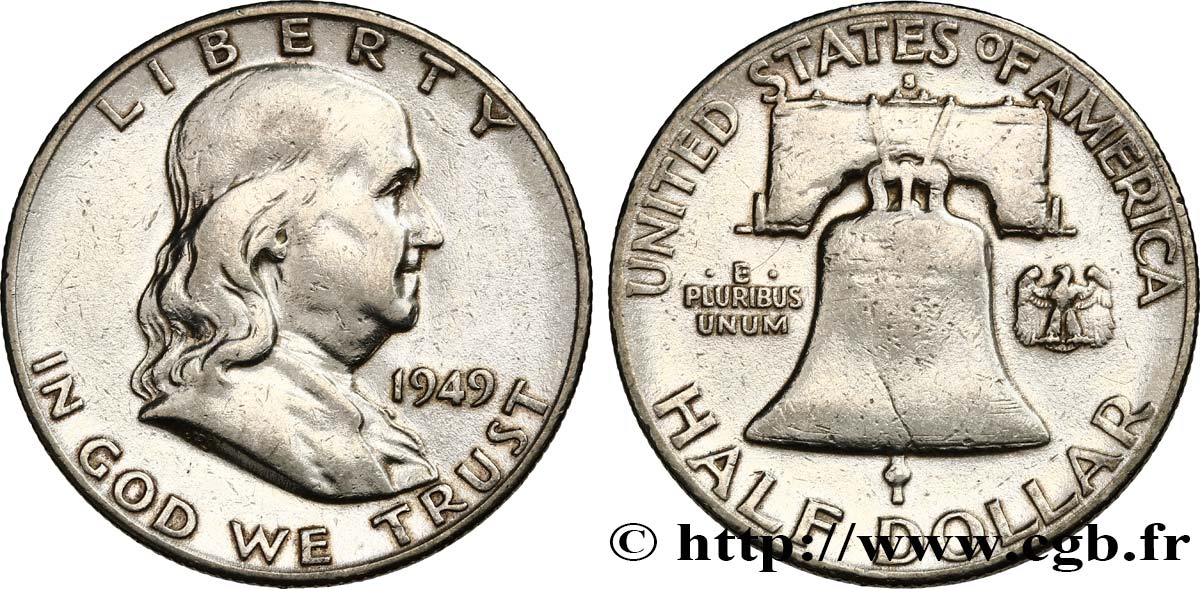 ÉTATS-UNIS D AMÉRIQUE 1/2 Dollar Benjamin Franklin 1949 San Francisco TB+ 