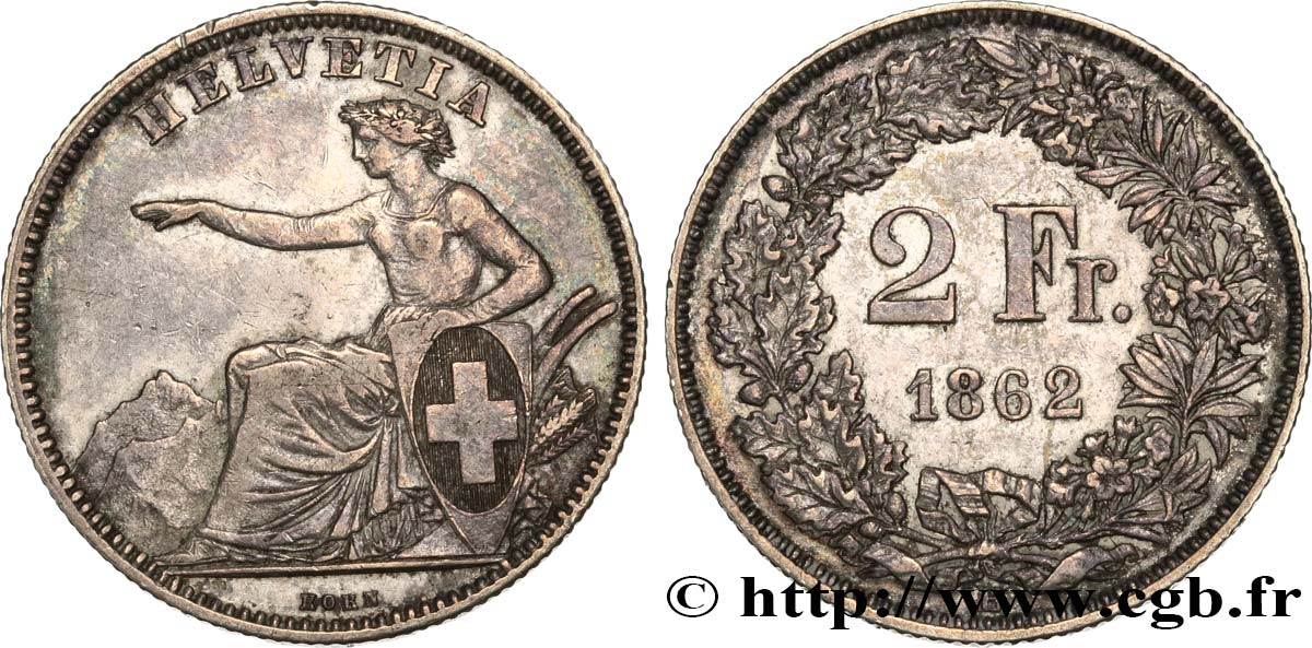 SUIZA 2 Francs Helvetia 1862 Berne BC+/MBC 