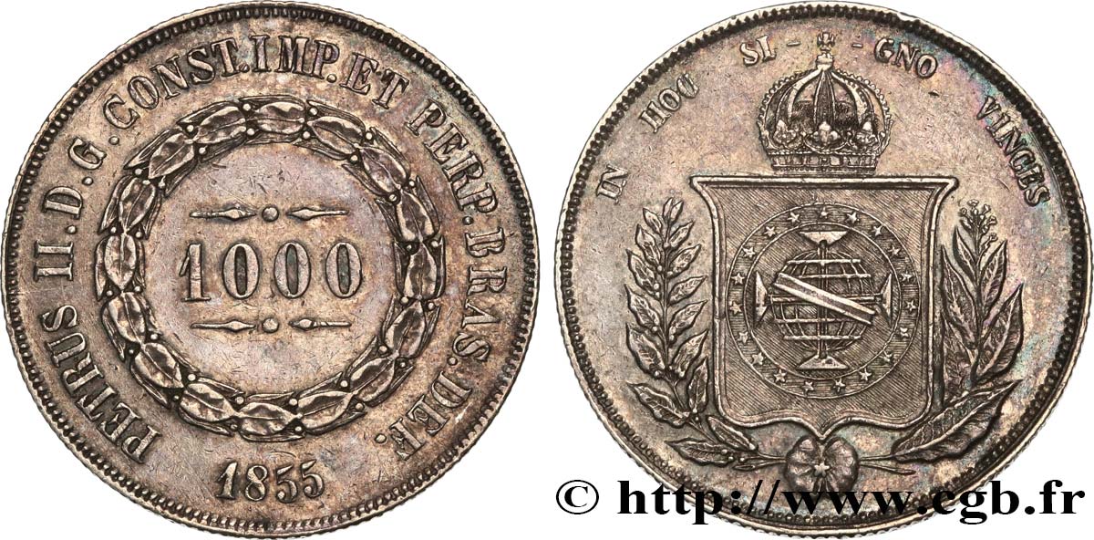 BRÉSIL 1000 Reis Empereur Pierre II 1855  TTB+ 