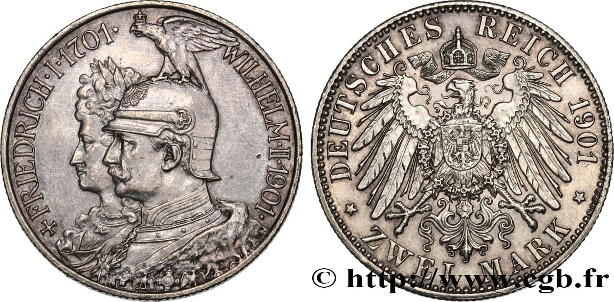 DEUTSCHLAND - PREUßEN 2 Mark Guillaume II 200e anniversaire de la Prusse 1901 Berlin fVZ 