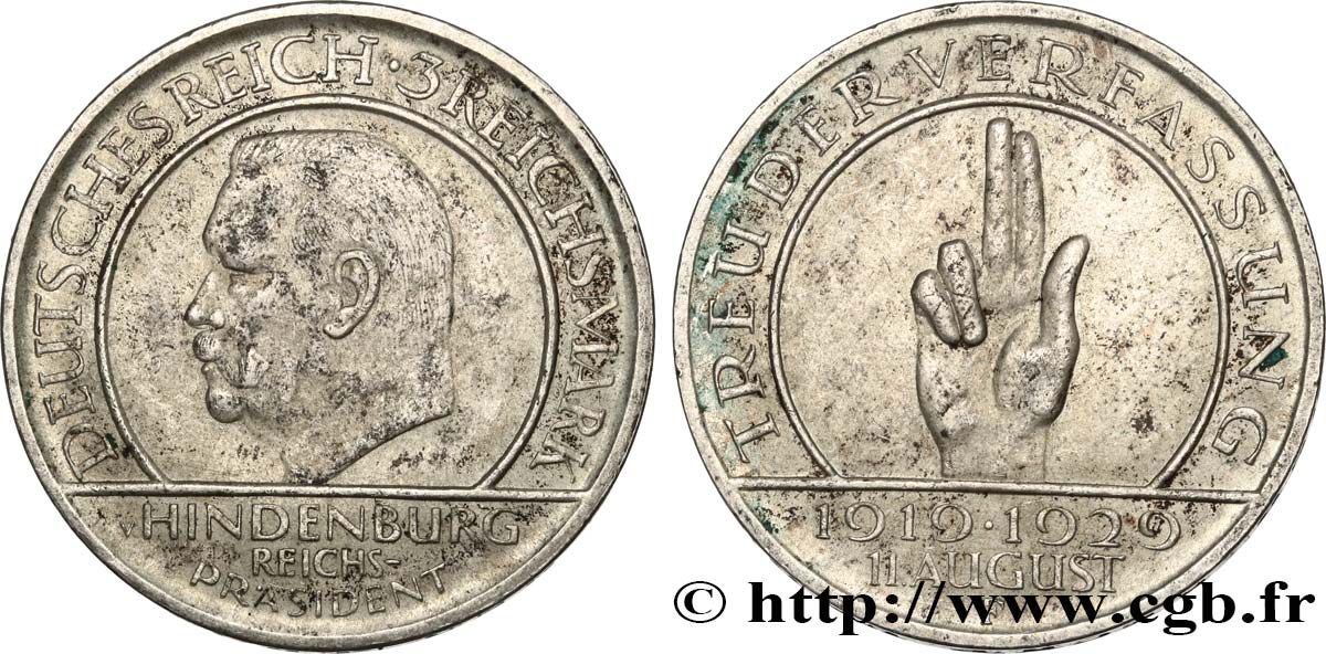 GERMANY 3 Reichsmark 10e anniversaire de la République  1929 Stuttgart AU 