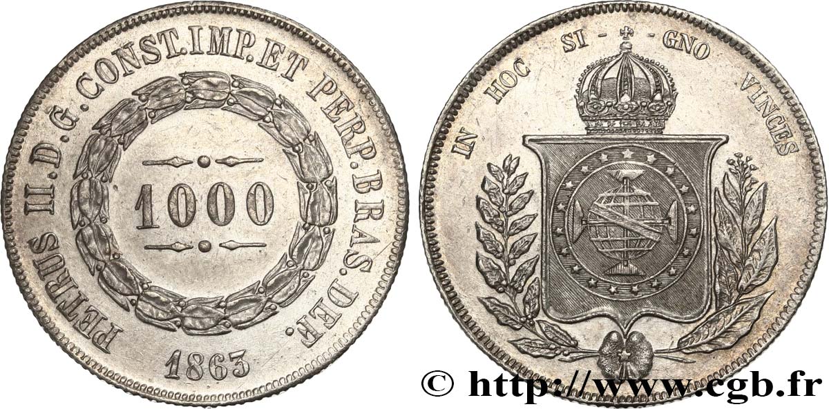BRÉSIL 1000 Reis Empereur Pierre II 1863  SUP 