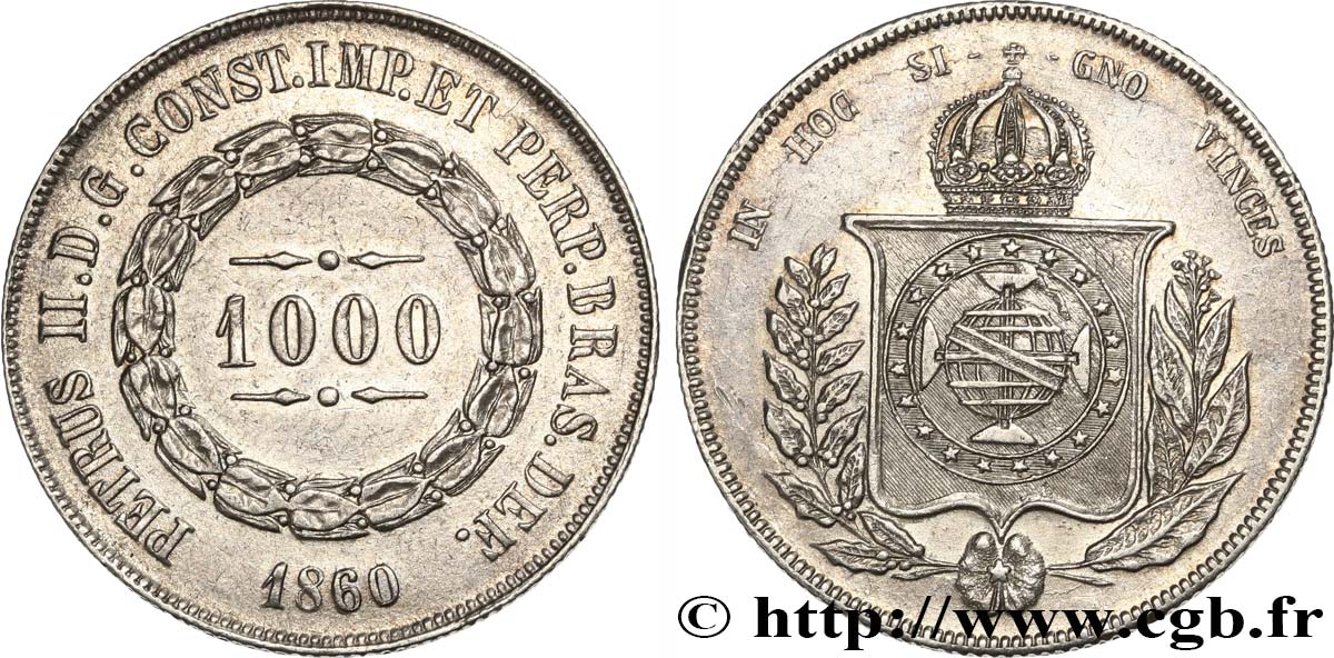 BRASILIEN 1000 Reis Empereur Pierre II 1860  fVZ 