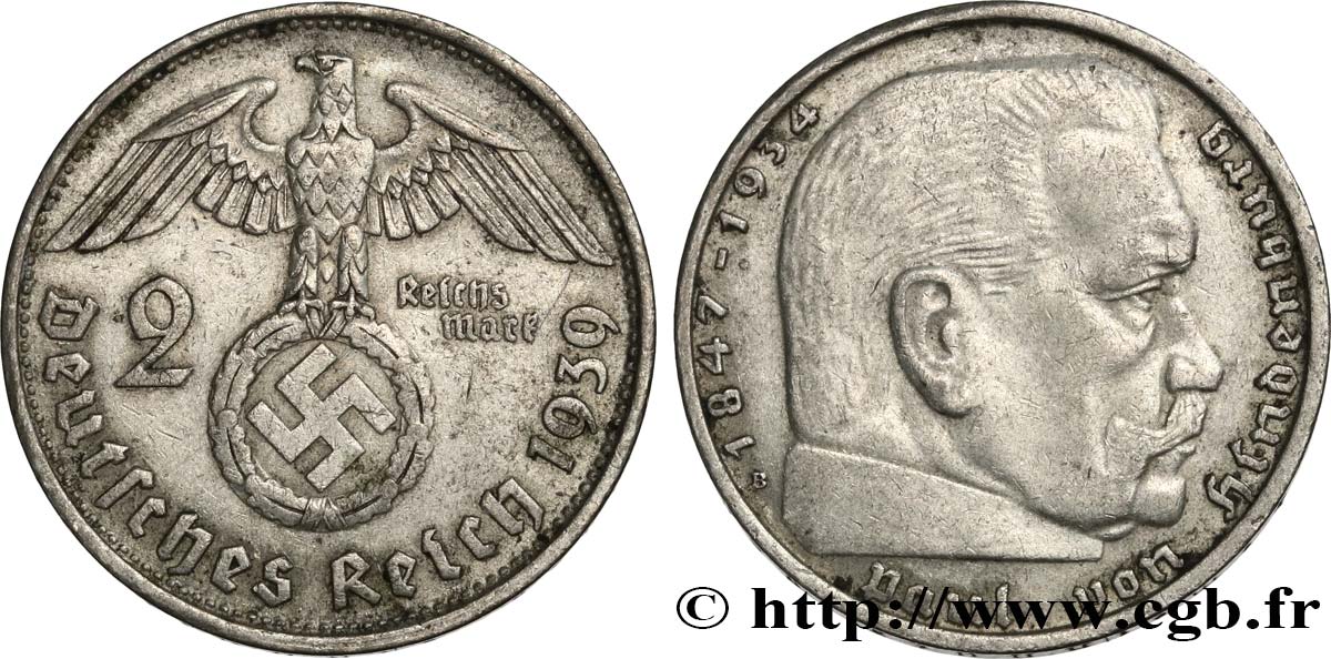 GERMANY 2 Reichsmark swastika 1939
 Vienne XF 