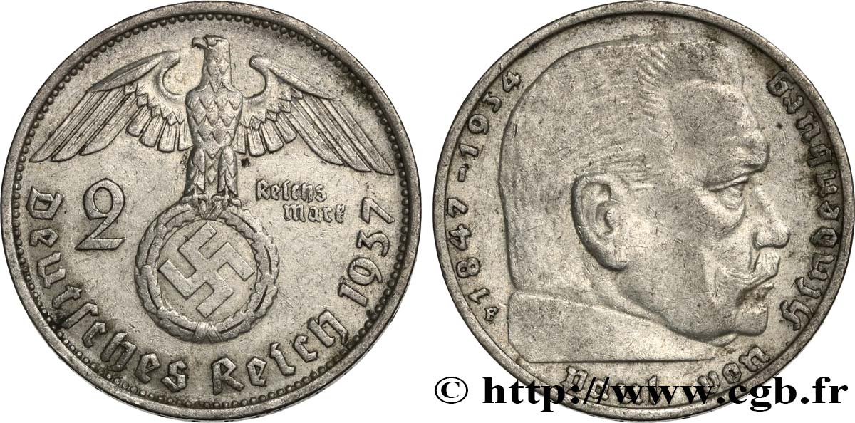 DEUTSCHLAND 2 Reichsmark swastika 1937 Stuttgart SS 