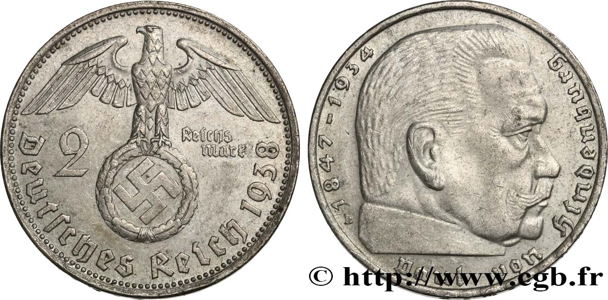 DEUTSCHLAND 2 Reichsmark Maréchal Paul von Hindenburg 1938 Vienne VZ 