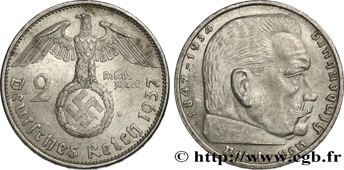 DEUTSCHLAND 2 Reichsmark Maréchal Paul von Hindenburg 1937 Berlin fST 