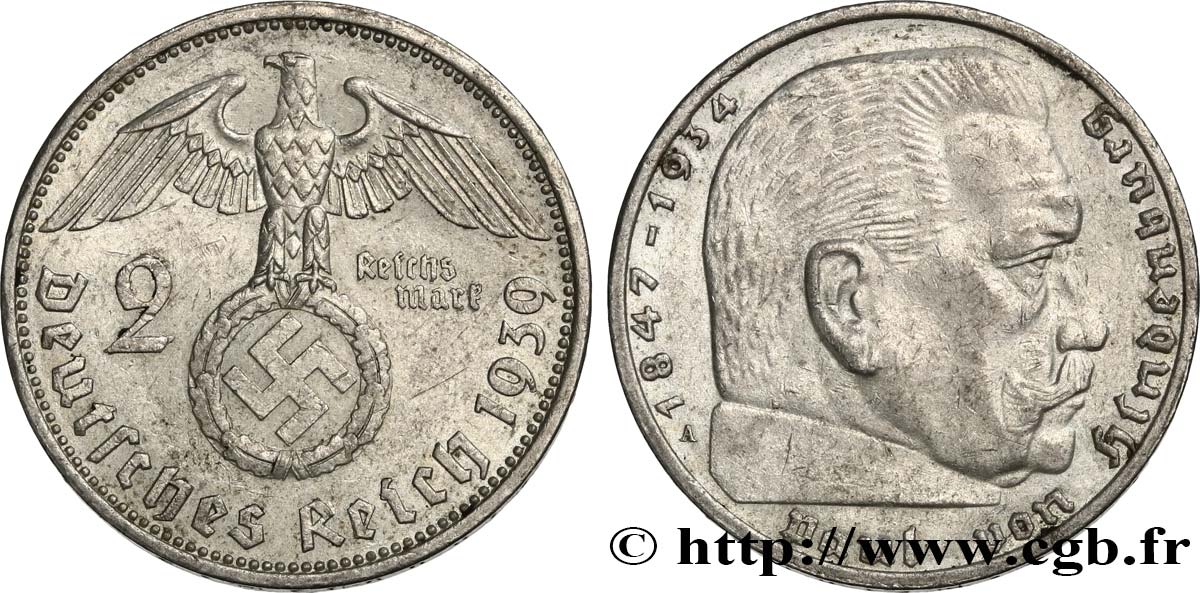 DEUTSCHLAND 2 Reichsmark swastika 1939 Berlin fVZ 