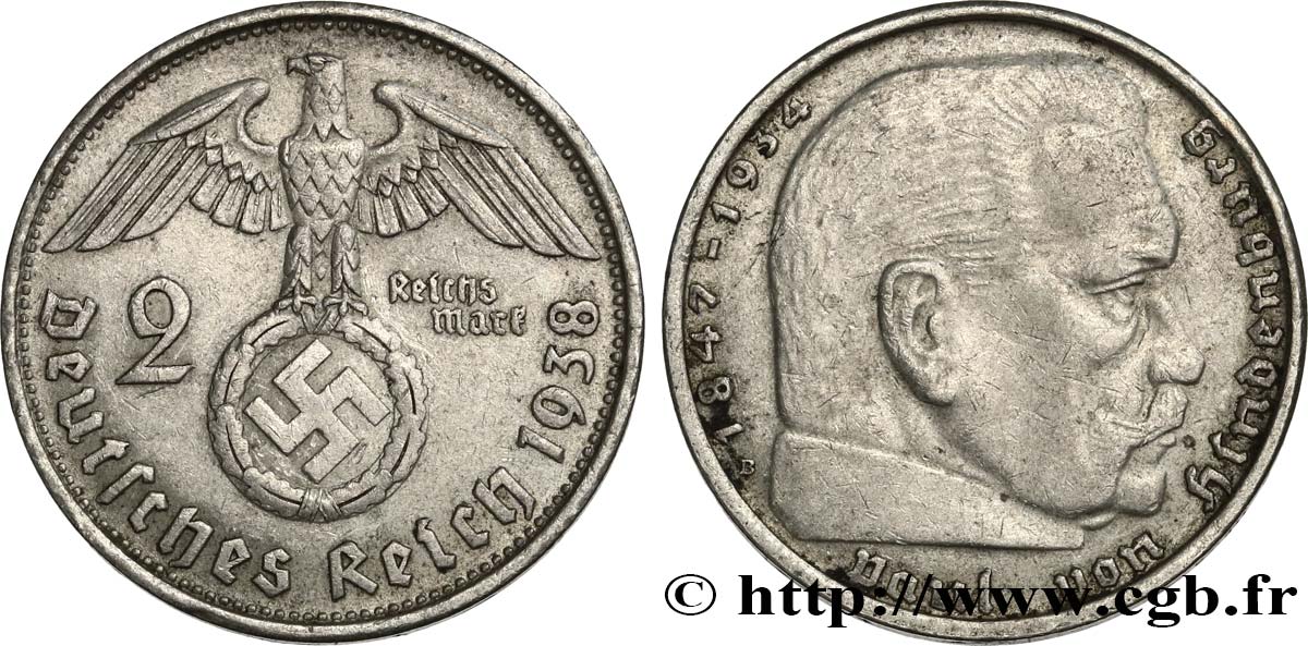 ALEMANIA 2 Reichsmark Maréchal Paul von Hindenburg 1938 Vienne MBC+ 