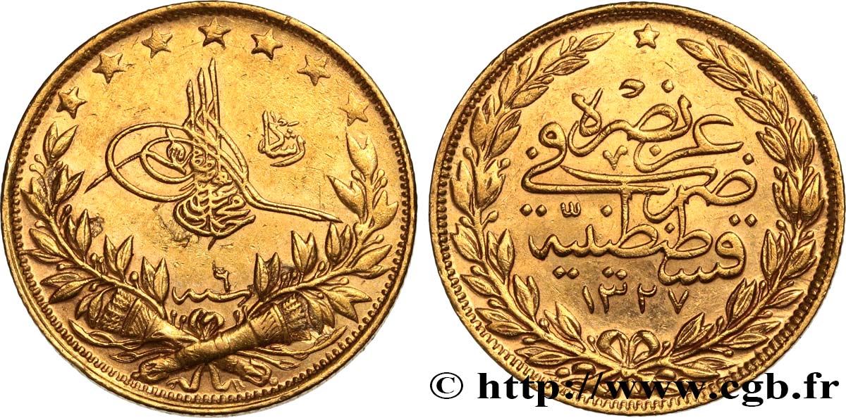 TURKEY 100 Kurush Sultan Mohammed V Resat AH 1327, An 6 1914 Constantinople AU 