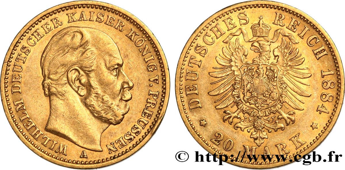 GERMANIA - PRUSSIA 20 Mark royaume de Prusse Guillaume Ier, 2e type 1884 Berlin SPL 