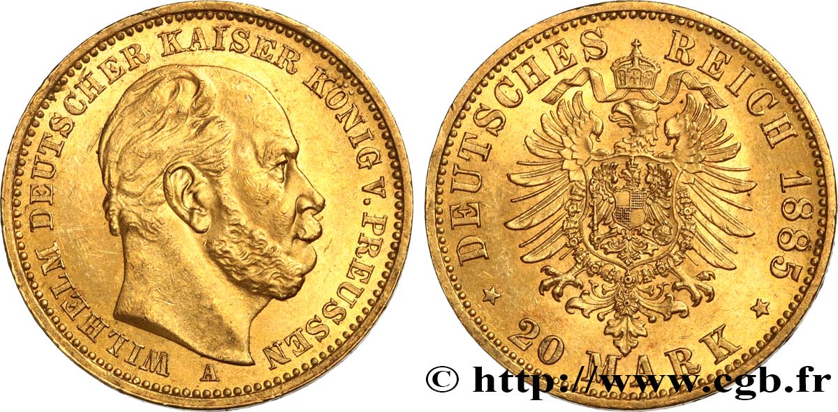 ALEMANIA - PRUSIA 20 Mark royaume de Prusse Guillaume Ier, 2e type 1885 Berlin EBC 