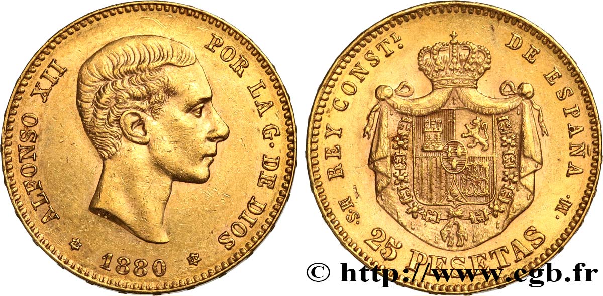 SPAIN 25 Pesetas Alphonse XII 1880 Madrid AU 