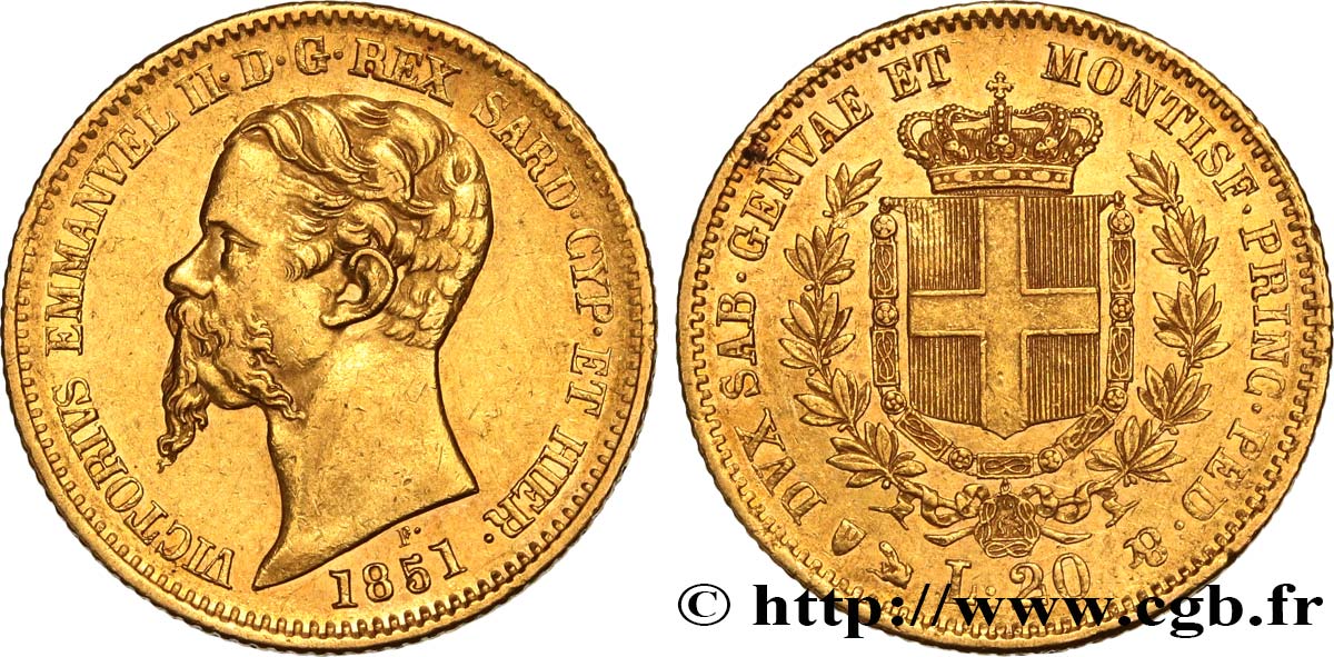 ITALIA - REINO DE CERDEÑA 20 Lire Victor Emmanuel II 1851 Gênes MBC 