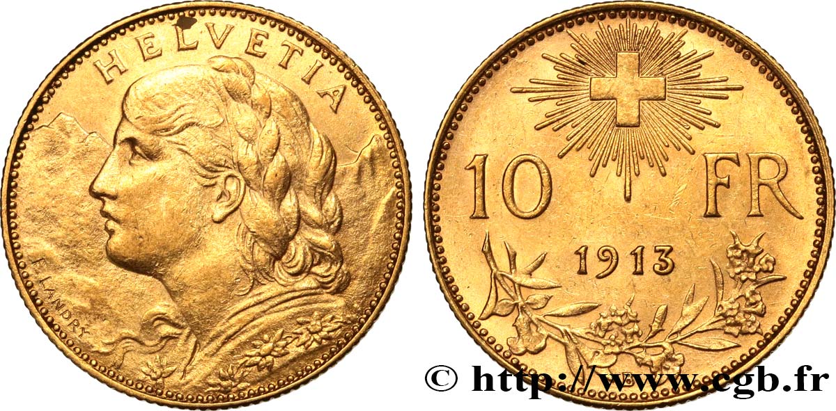 SUIZA 10 Francs or  Vreneli  1913 Berne MBC+ 