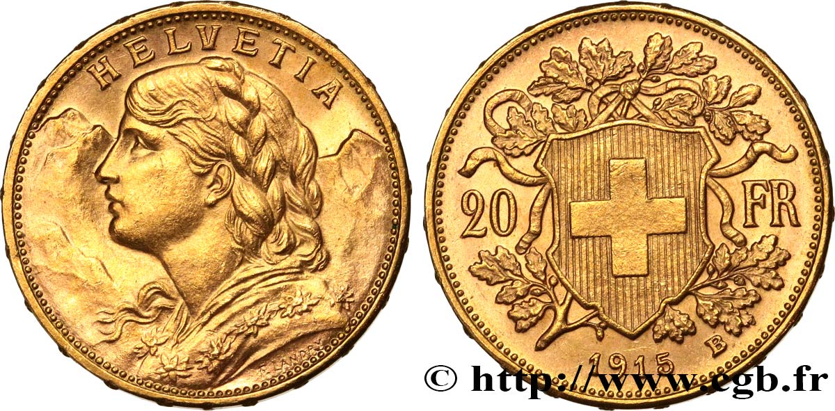 SWITZERLAND 20 Francs  Vreneli   1915 Berne AU 