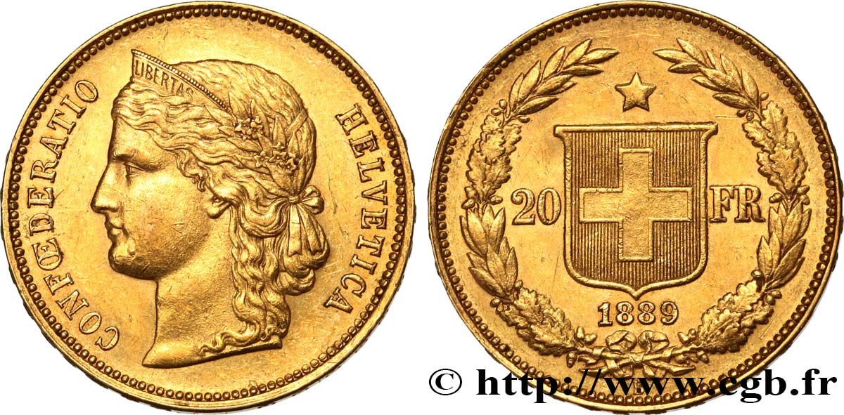 SWITZERLAND 20 Francs Helvetia 1889 Berne AU 
