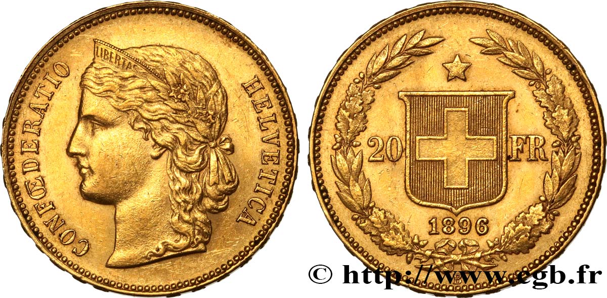 SUISSE 20 Francs Helvetia 1896 Berne TTB+ 