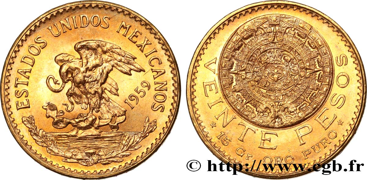 MEXIKO 20 Pesos “Pierre du Soleil” (calendrier aztèque) 1959 Mexico fST 