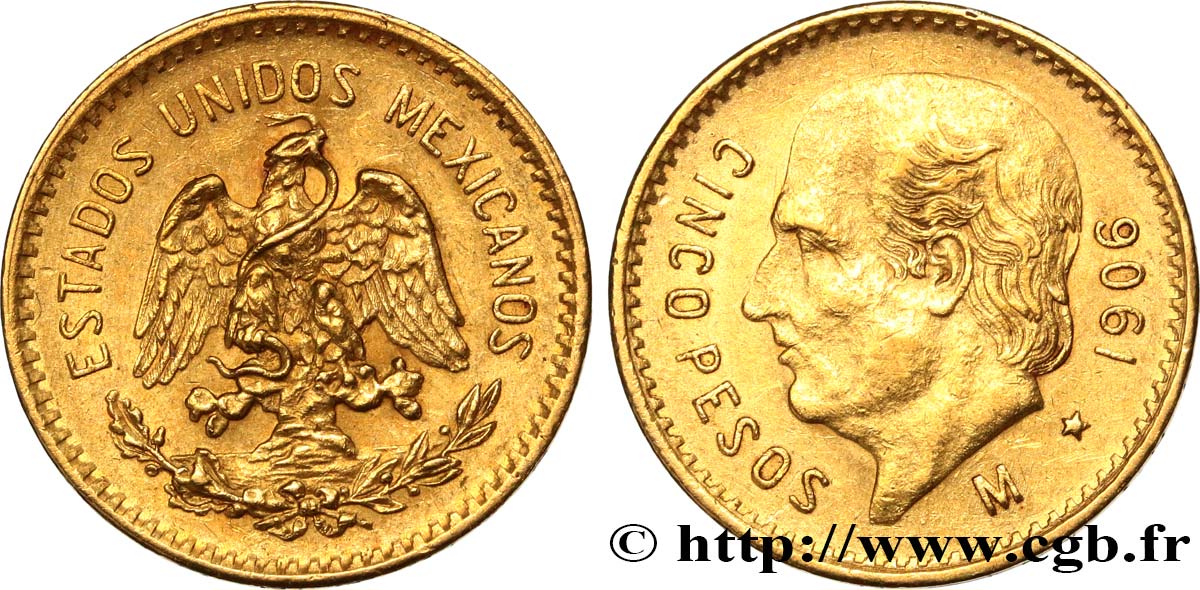 MEXICO 5 Pesos Miguel Hidalgo 1906 Mexico AU 