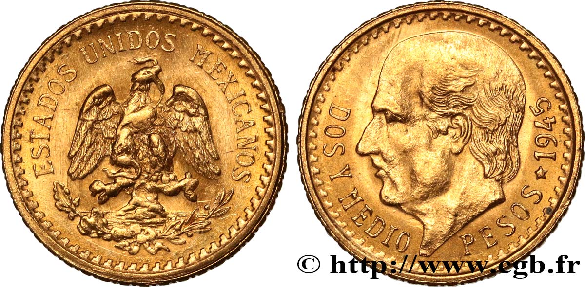 MEXICO 2 1/2 Pesos Miguel Hidalgo 1945 Mexico AU 
