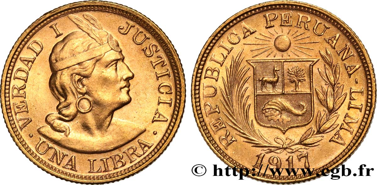 PÉROU 1 Libra or 1917 Lima SUP 