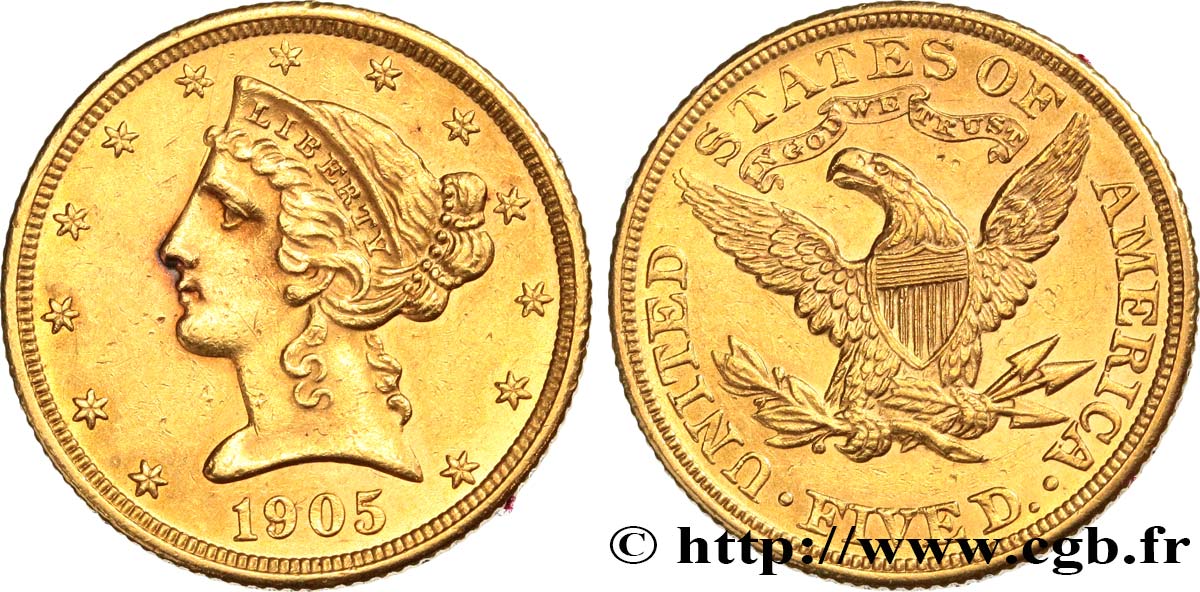 ÉTATS-UNIS D AMÉRIQUE 5 Dollars  Liberty  1905 Philadelphie TTB+ 