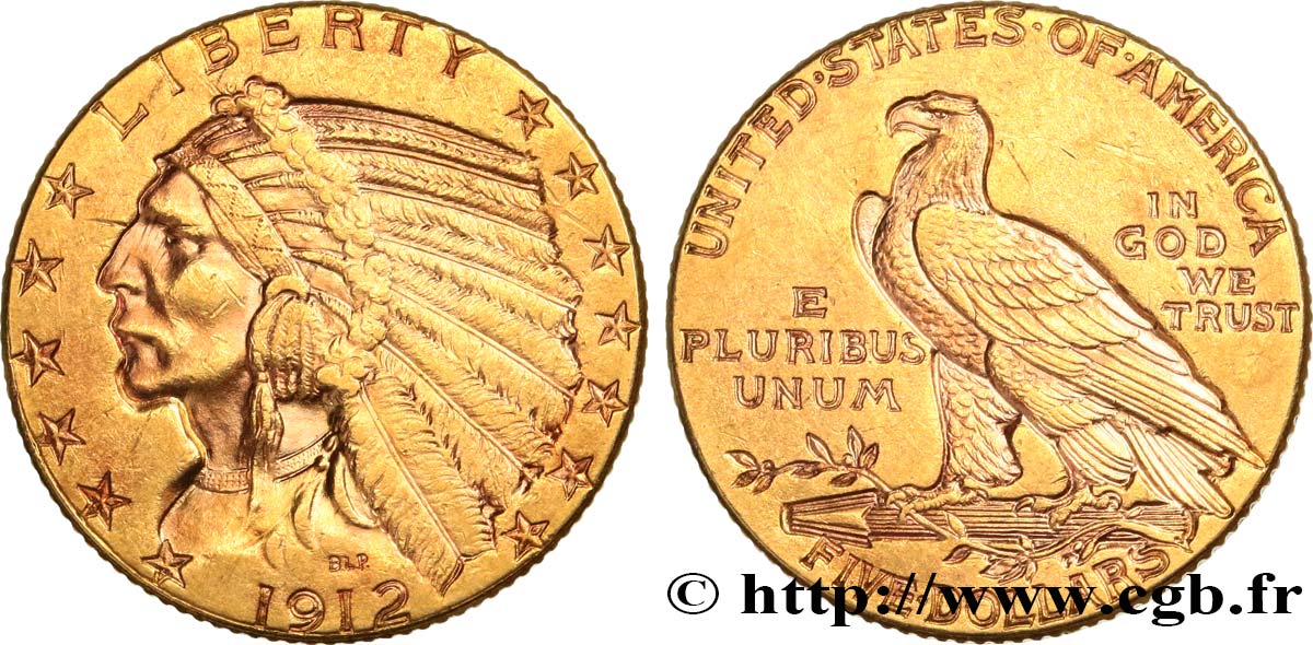 ÉTATS-UNIS D AMÉRIQUE 5 Dollars  Indian Head  1912 Philadelphie SS 