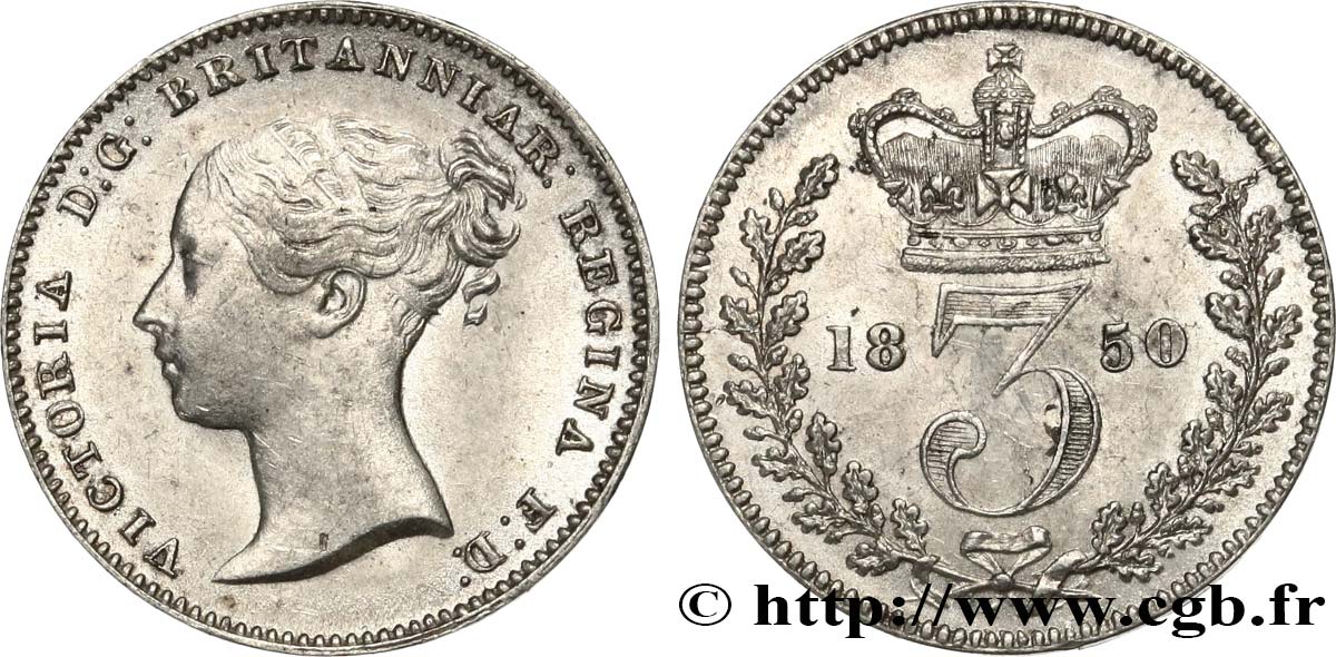 UNITED KINGDOM 3 Pence Victoria “Bun Head” 1850  MS 