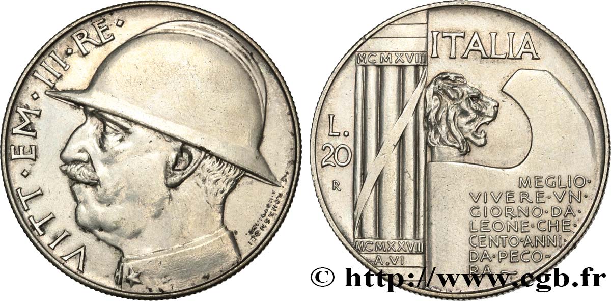 ITALIA - REGNO D ITALIA - VITTORIO EMANUELE III 20 Lire, 10e anniversaire de la fin de la Première Guerre mondiale 1928 Rome SPL 