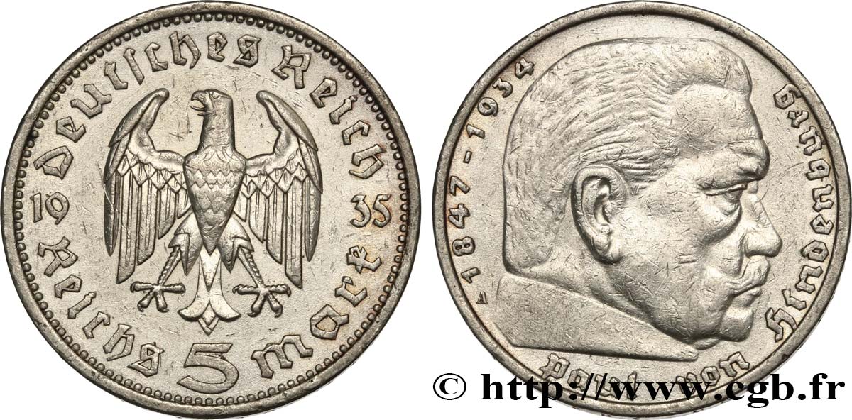 GERMANIA 5 Reichsmark Aigle / Maréchal Paul von Hindenburg 1935 Berlin BB 