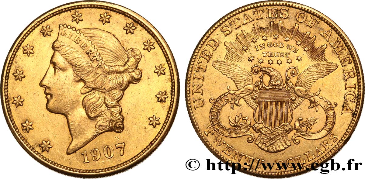 INVESTMENT GOLD 20 Dollars  Liberty  1907 Philadelphie MBC+/EBC 