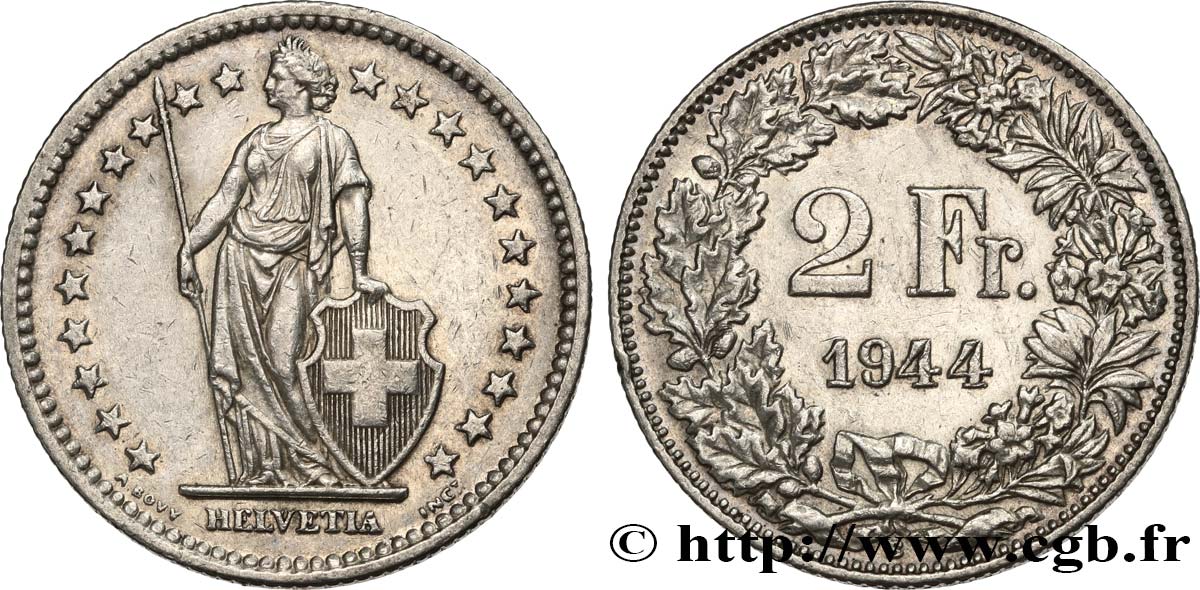 SVIZZERA  2 Francs Helvetia 1944 Berne BB 