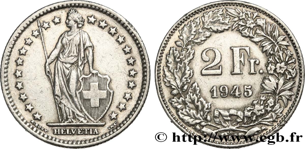 SVIZZERA  2 Francs Helvetia 1945 Berne BB 