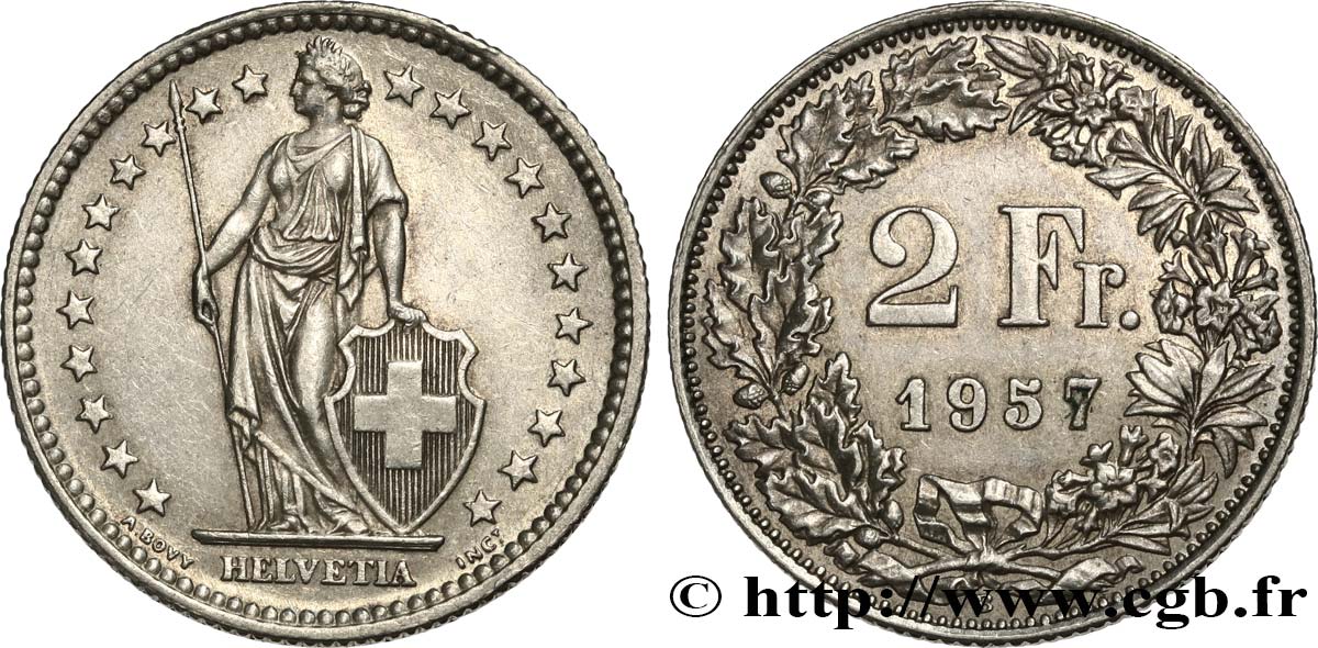 SCHWEIZ 2 Francs Helvetia 1957 Berne VZ 