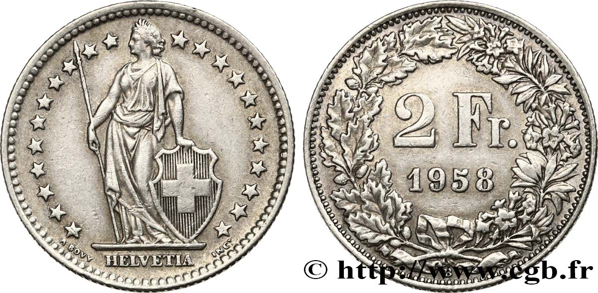 SWITZERLAND 2 Francs Helvetia 1958 Berne AU 